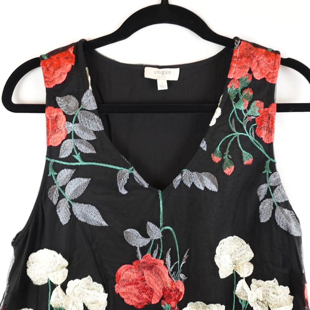 Umgee Sleeveless Dress Large Floral Embroidered Sheer Overlay Black Red White - Picture 10 of 16
